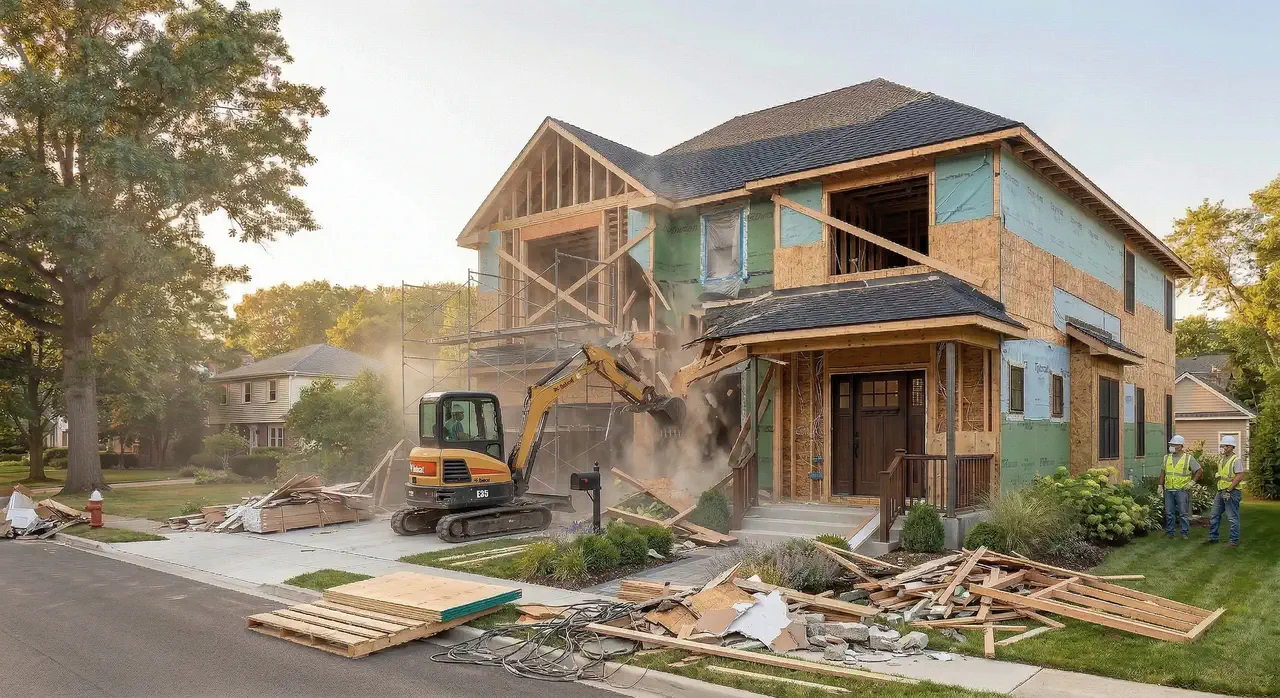 Mini excavator in early residential demolition